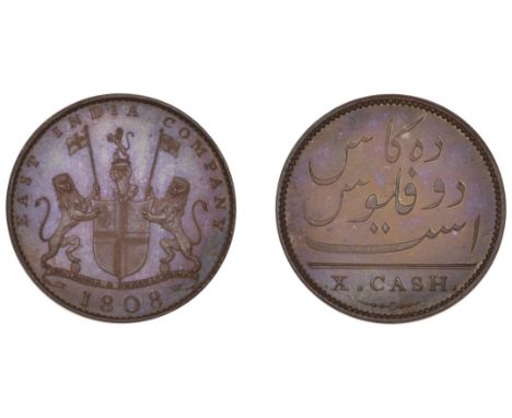 East India Company, Madras Presidency, European Minting, 1803-8, Soho, bronzed-copper Proof 10 Cash, 1808, light issue, arms 