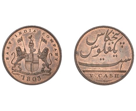 East India Company, Madras Presidency, European Minting, 1803-8, Soho, copper 5 Cash, 1803, arms and supporters, east india c