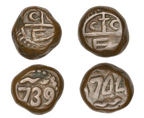 East India Company, Madras Presidency, Early coinages, copper Dudus or 10 Cash, first issue (2), 1739, balemark incorporating