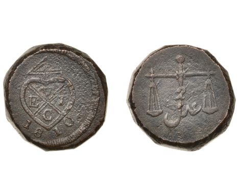 East India Company, Bombay Presidency, Later coinages: Local minting, copper 2 Pice, 1810, balemark, rev. scales, adil [Justi