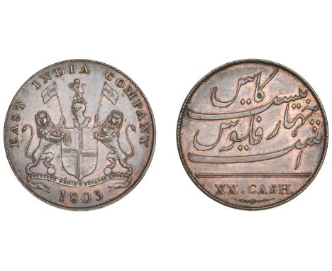 East India Company, Madras Presidency, European Minting, 1803-8, Soho, copper 20 Cash, 1803, heavy issue, arms and supporters