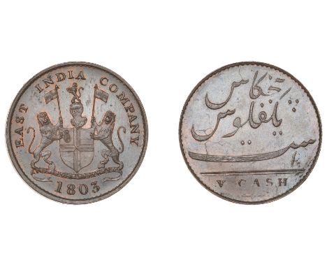 East India Company, Madras Presidency, European Minting, 1803-8, Soho, copper Proof 5 Cash, 1803, arms and supporters, east i