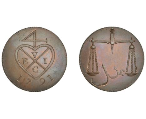 East India Company, Bombay Presidency, European Minting, 1791-4, Soho, copper Proof Pice or 4 Reas, 1791, type III, balemark,