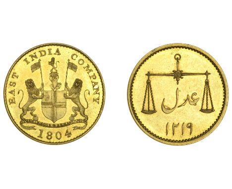 East India Company, Bombay Presidency, European minting, 1804 Soho, gilt-copper Proof Half-Pice, 1804/1219h, arms and support