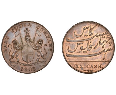 East India Company, Madras Presidency, European Minting, 1803-8, Soho, copper 20 Cash, 1808/7, light issue, arms and supporte