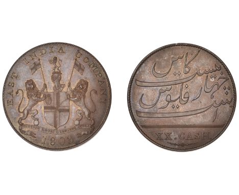 East India Company, Madras Presidency, European Minting, 1803-8, Soho, bronzed-copper Proof 20 Cash, 1803, heavy issue, arms 