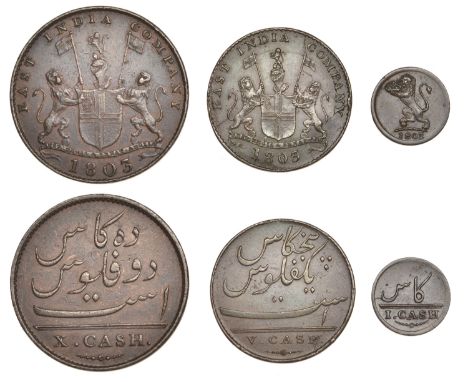 East India Company, Madras Presidency, European Minting, 1803-8, Soho, copper 10 Cash, 1803, arms and supporters, east india 