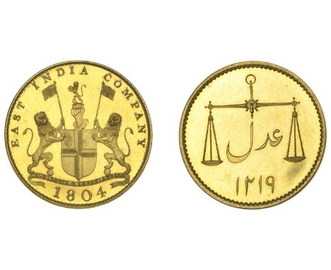 East India Company, Bombay Presidency, European minting, 1804 Soho, gilt-copper Proof Pice, 1804/1219h, arms and supporters, 