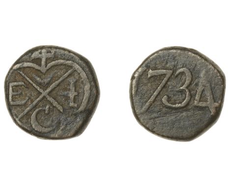 East India Company, Bombay Presidency, Malabar Coast, copper Double-Pice, 1734, Tellicherry, balemark, rev. date, 4.12g/5h (P
