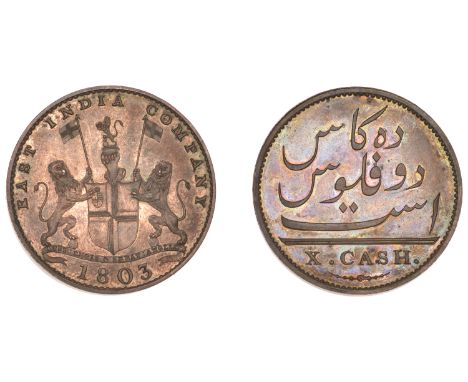 East India Company, Madras Presidency, European Minting, 1803-8, Soho, copper Proof 10 Cash, 1803, arms and supporters, east 