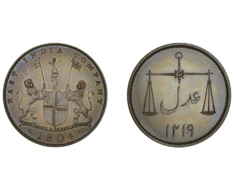 East India Company, Bombay Presidency, European minting, 1804 Soho, bronzed-copper Proof Pice, 1804/1219h, arms and supporter