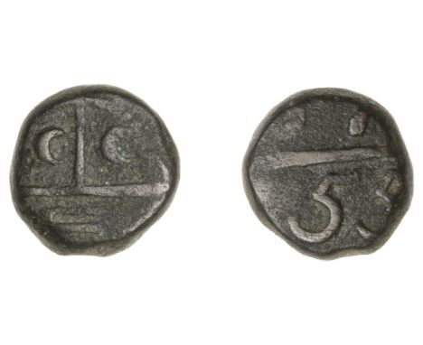 East India Company, Madras Presidency, Early coinages, copper Half-Dudu or 5 Cash, second issue, 1755, balemark incorporating