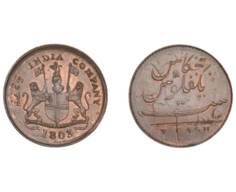 East India Company, Madras Presidency, European Minting, 1803-8, Soho, copper Proof 5 Cash, 1803, arms and supporters, east i