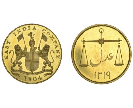 East India Company, Bombay Presidency, European minting, 1804 Soho, gilt-copper Proof Double-Pice, 1804/1219h, arms and suppo