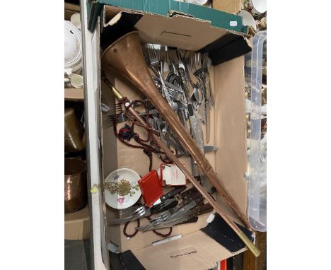A box containing 6 soup spoons, 6 desert spoons, 6 fish knives, 6 fish forks, 6 desert forks, 6 forks and 9 knives and 2 silv