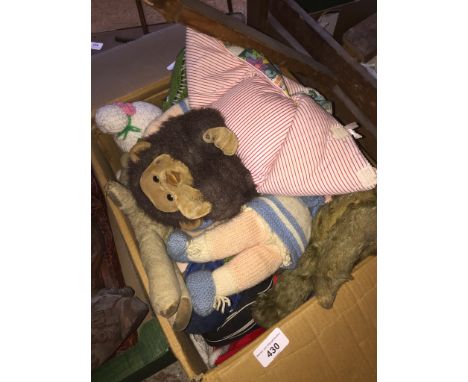 A box of soft toys including vintage teddy bear, etc. 