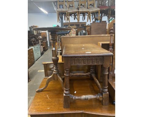 A joined oak side table and a mahogany wine table. 