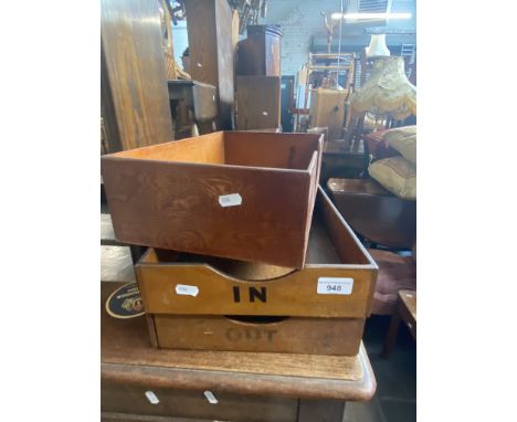 Two vintage oak trays marked IN &amp; OUT and one other. 
