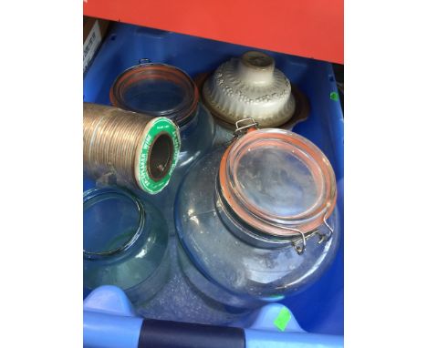 2 Kilner jars, copper speaker wire and a stoneware pot with lid. 