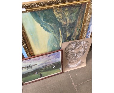 A large print in gilt frame, another print and a sketch of a man. 