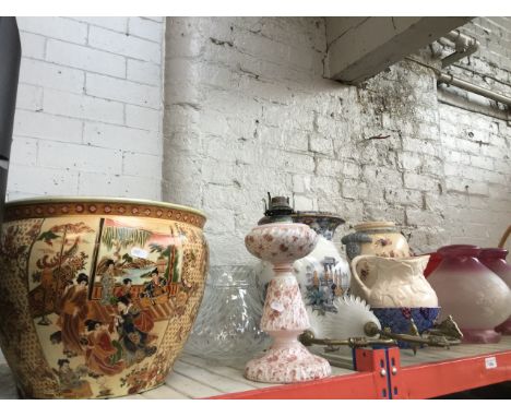 Glass lampshades, large Oriental bowl, Oriental vases, brass wall lights with glass shades, pottery lamp, glass clear light s