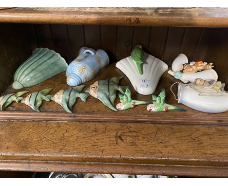 Sylvac parrot wall pocket, two others,set of pottery fish, two birds and a Hummel wall pocket 