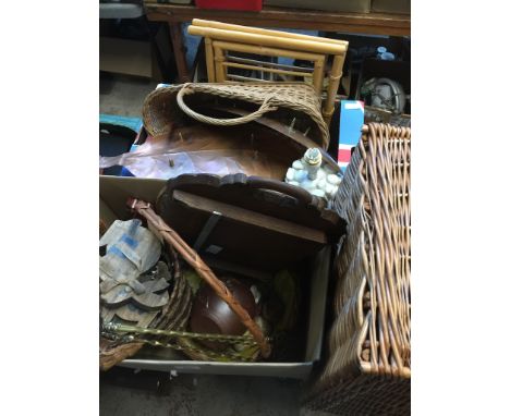 Two boxes of miscellaneous items, metalware, copper items, woodenware glass etc and a picnic hamper 