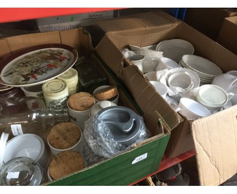 A box of cups, saucers, bowls and a box of misc pottery, kilner jars, kitchen storage jars, etc. 