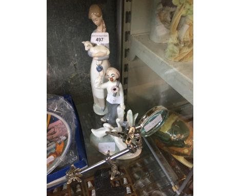 Three Spanish porcelain figures comprising a Lladro girl and lamb, a Nao geese figure group, a Casades clown and a fly tying 