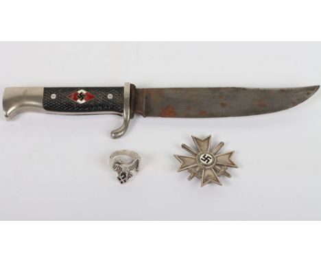 WW2 German HJ Knife: Bowie clip blade HJ boys knife with remains of motto to blade with some enamel damage to diamond , overa