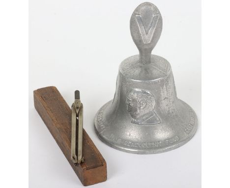 WW2 RAF Compass and Victory Bell: Compass stamped 1939 AM in original wood box and RAF Benevolent Fund bell cast from German 