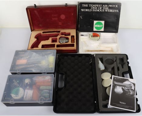 Air Guns Boxes and Spare Parts: Webley Tempest box, plastic box, wood box, tins of pellets ,some vintage, oil bottle cans, sp