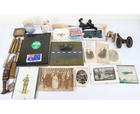 Cannons Models: Brass and iron cannons, small Nepal Kukri , brass shell cases , china mugs , trench art lighter, 1941 whistle