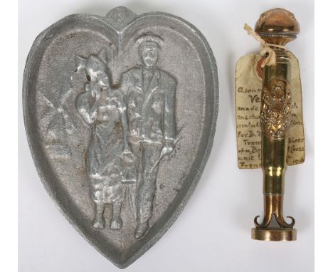 WW1 Trench Art Seal and Ashtray: Seal is made from buttons and rifle round with the seal at base, with paper label of 0wner a