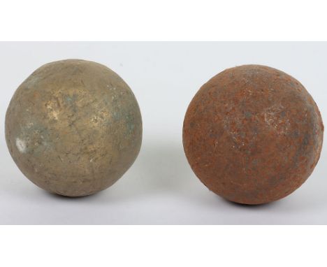 Cannon Balls: Vintage cannon balls one steel ,one brass , seem to be hallow ,7 cms across . 2 items 