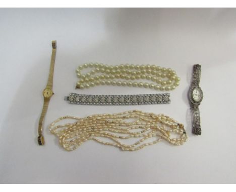 A Rotary gold plated lady's wristwatch, a quartz lady's wristwatch, a rice pearl necklace, faux pearl necklace and a paste se