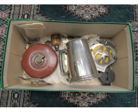 A quantity of collectable's including leather measure, compass, AA badges and military badges