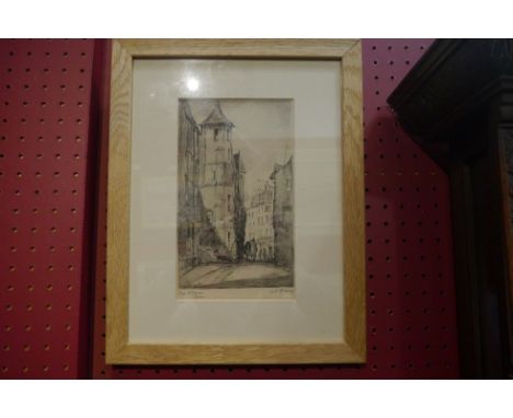 ARTHUR E. DAVIS: pen and ink sketch entitled Rue St. Romain, Rouen, signed lower right, framed and glazed, 21cm x 12cm, 