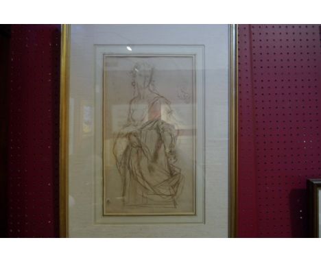 After Jules Lunteschutz (1822-1893): A framed and glazed print of a sketch, semi nude female.  Printed cockerel emblem bottom