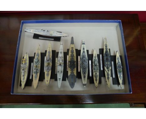 Ten model diecast models of various battleships including ; The Bismark, HMS Hood, IJN Yamamoto, HMS Prince of Wales, etc.