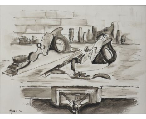 TONY McMULLEN (born 1942); sepia watercolour 'Woodworking Tools', signed and dated 1990 and inscribed verso, framed and glaze