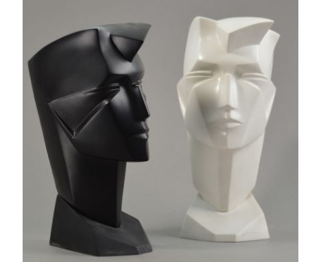 Lindsey B; a pair of moulded acrylic Art Deco style mannequin busts, signed and dated 1987, height 34.5cm; with a resin flat 