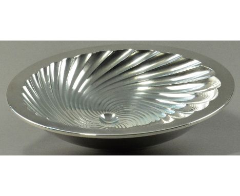 ALEX BROGDEN (born 1954); a hallmarked double skinned silver 'Meteor' footed bowl, fluted with wavy lines, Sheffield 2004, di