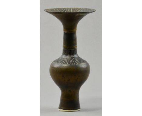 LUCIE RIE (1902-1995); a porcelain vase, bulbous form with flared rim, bronze glaze with sgraffito lines, impressed LR mark, 