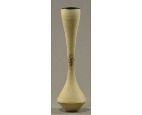 HANS COPER (1920-1981); a slender stoneware hourglass vase, white slip with spiralling linear band, yellowing manganese inter