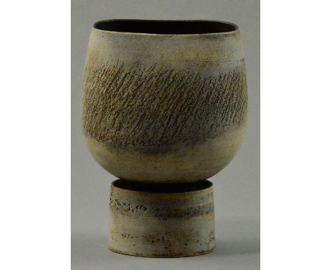 HANS COPER (1920-1981); a squared stoneware flower holder on drum base, white slip over a textured manganese ground on exteri