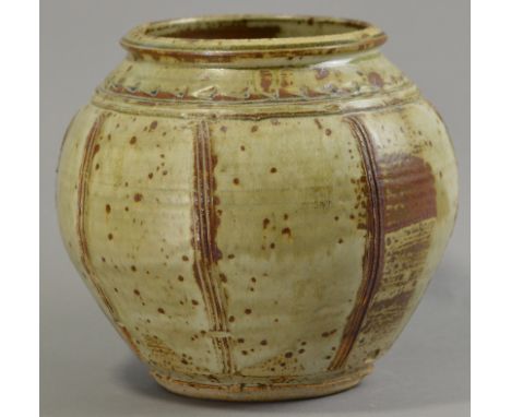 JIM MALONE (born 1946); a stoneware jar, combed decoration, green ash glaze, impressed JM mark, height 24cm.

Provenance: Pur