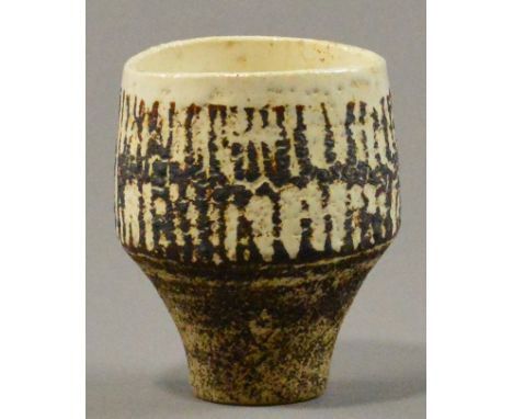 HANS COPER (1920-1981); an early small stoneware cup, band of sgraffito decoration, white glazed interior, impressed HC mark,