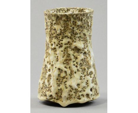 LUCIE RIE (1902-1995); an early stoneware vase, oval form with flowing thick eruptive glaze, impressed LR mark, height 16cm.
