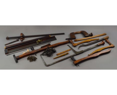 A quantity of tools and treen including a panel gauge and brace, etc.